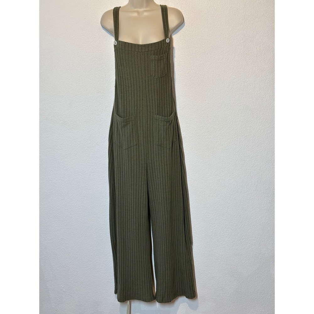 Halara Olive Green Ribbed Knit Wide Leg Overalls Jumpsuit Large L Regular